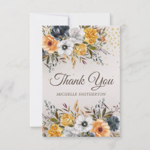 Cartão De Agradecimento Amarelo Azul Naval Floral Brilho Aniversário 