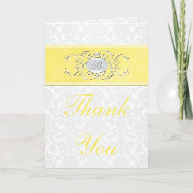 Cartão de Agradecimento Amarelo e Cinza em Damask (Frente)