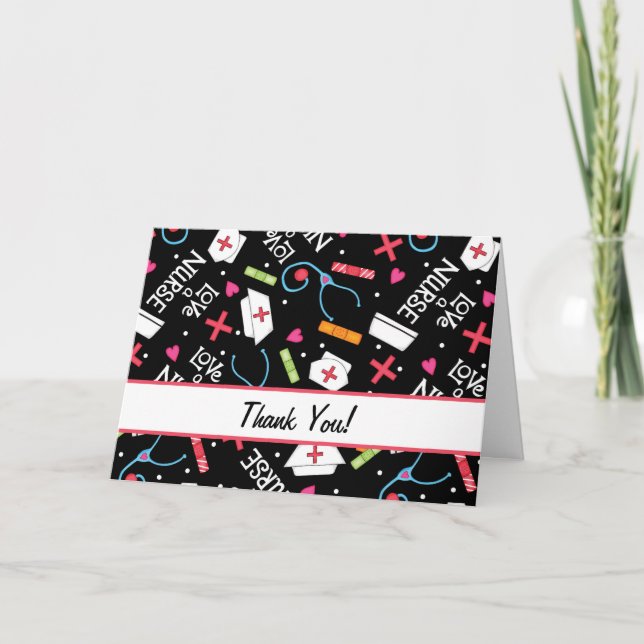 Cartão De Agradecimento Ame uma enfermeira Obrigado Arte Médica Preta (Frente)