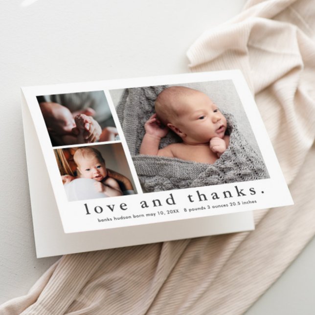 Cartão De Agradecimento Amor e Obrigados 3 Foto Collage Baby (Simple black and white love and thanks 3 photo collage baby thank you card birth announcement.)