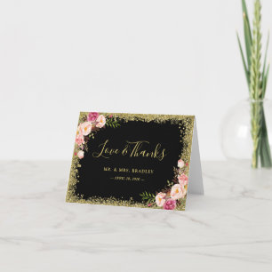 Cartão De Agradecimento Amor e Obrigados Preto Brilhante Dourado Rosa