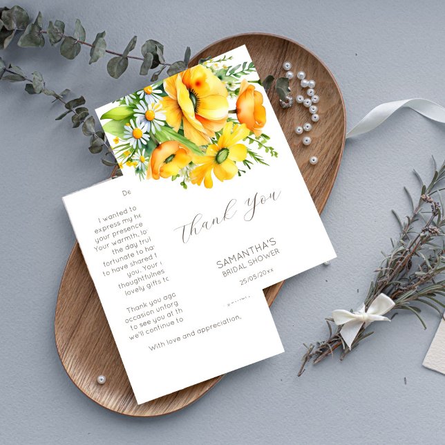 Cartão De Agradecimento Amor em flor noivado primavera verão (Love in bloom spring summer bridal shower thank you card yellow buttercup wild daisy thank you card)