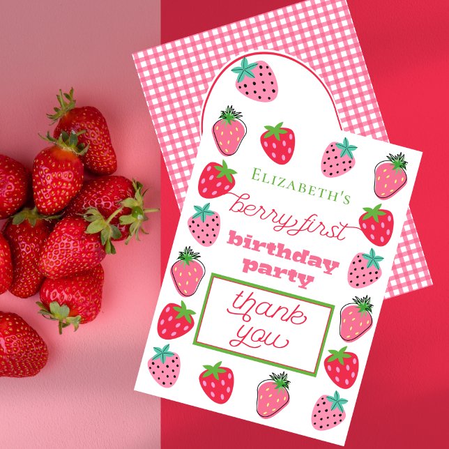 Cartão De Agradecimento Amoras Mortas - Primeira Festa de aniversário de B (Strawberries Girl's Berry First Birthday Party Thank You Card)