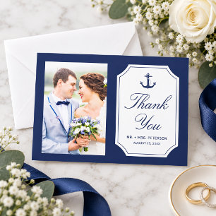 Cartão De Agradecimento Âncora Azul Marinho Náutico Foto Casamento