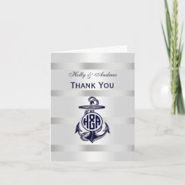 Cartão De Agradecimento Âncora Azul Prata Branco Marinho Monograma Círculo