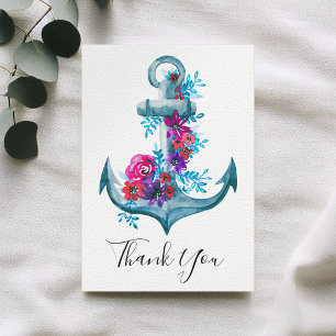 Cartão De Agradecimento Âncora Floral Aquarela Náutica Obrigado