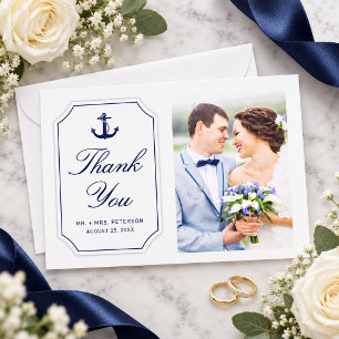 Cartão De Agradecimento Âncora Náutica Azul em Foto de Casamento Branca