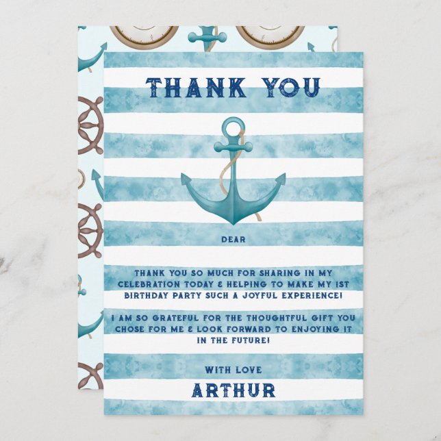 Cartão De Agradecimento Âncora Navegadora Náutica Cura Azul (Frente/Verso)
