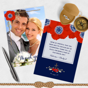 Cartão De Agradecimento Anêmonas Azul e Vermelho Marinho náutico Obrigado