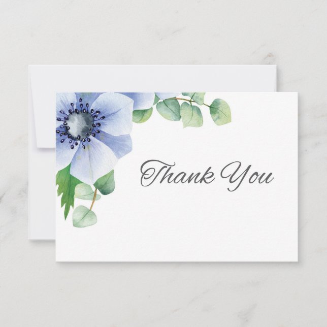 Cartão De Agradecimento Anemone Azul Personalizado e Eucalyptus (Frente)