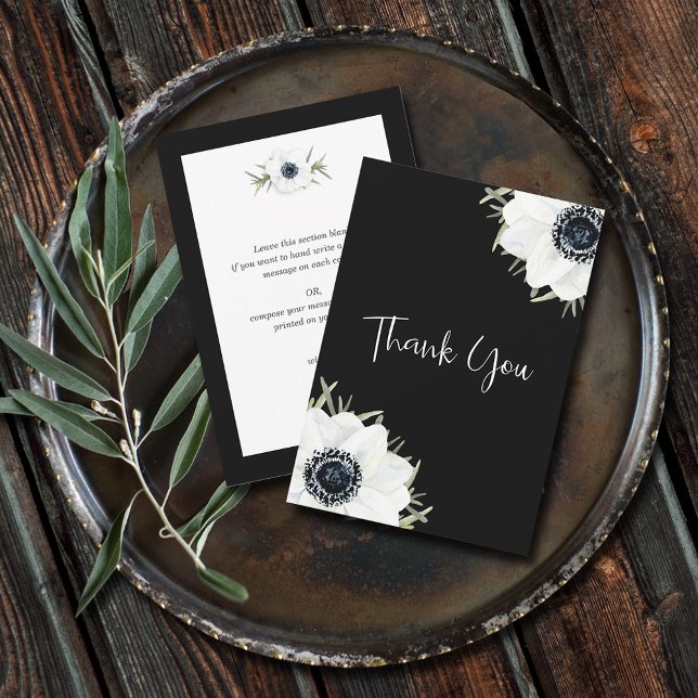 Cartão De Agradecimento Anemones brancos negros Floral Obrigado (Black and White Anemones Floral Flat Thank You Cards - 3.5" x 5")