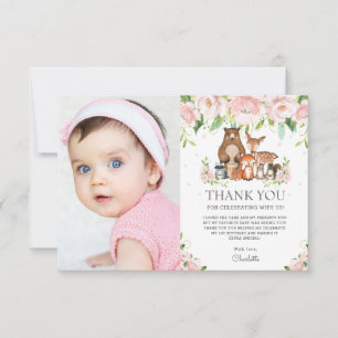 Cartão De Agradecimento Animais Da Floresta primeiro aniversario Floral Ro