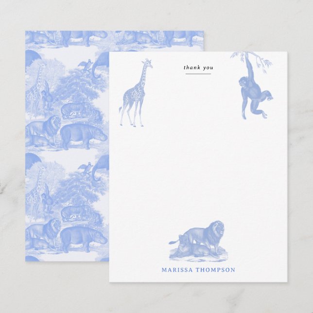 Cartão De Agradecimento Animais da Selva Toile Azul Chinoiserie Safari (Frente/Verso)