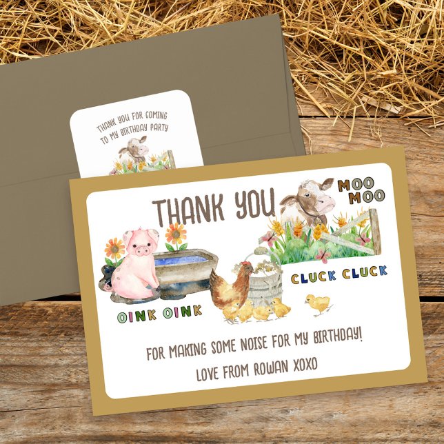 Cartão De Agradecimento Animais de Fazenda e Sons do Animais Festa de Aniv (Thank You for Making some Noise for my Birthday (editable) Farm Themed Thank You Card)