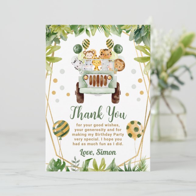 Cartão De Agradecimento Animais de Safari da Selva em Aquarela Aniversário (Em pé/Frente)