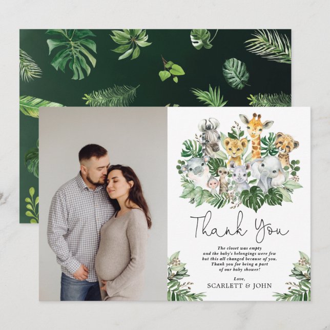 Cartão De Agradecimento Animais de Safari Selvagem Tropical Chá de Bebê (Frente/Verso)