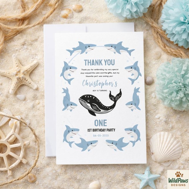 Cartão De Agradecimento Animais Marinhos Tubarão 1º Aniversário | Debaixo  (Sea Animals Shark 1st Birthday | Under the Sea Thank You Card
)