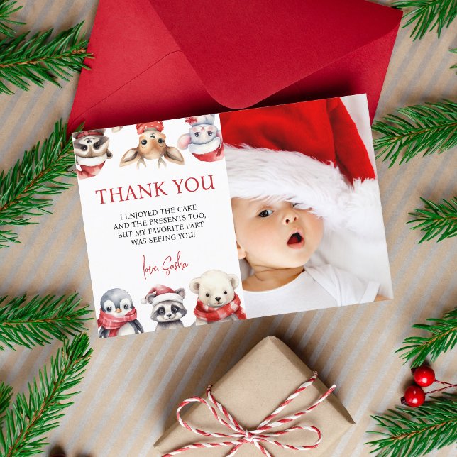 Cartão De Agradecimento Animais primeiros aniversarios da Holanda do inver (Winter Onederland - 1st birthday thank you card)