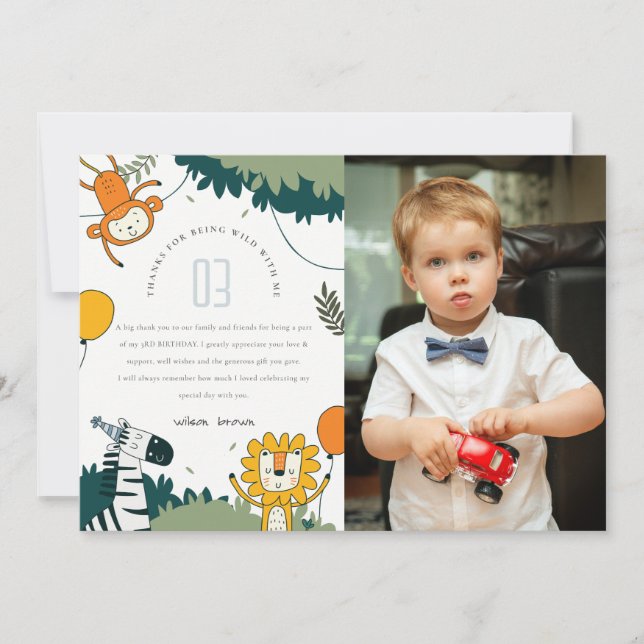Cartão De Agradecimento Animais Selvagens Fofos da Selva Foto do Aniversár (Frente)