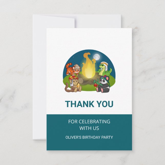 Cartão De Agradecimento Animais Selvagens Fofos Festa de Aniversário Acamp (Frente)