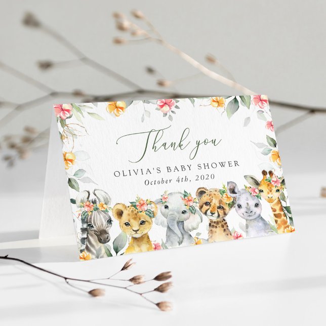 Cartão De Agradecimento Animais Selvagens, Safari, Flores, Chá de fraldas (Criador carregado)