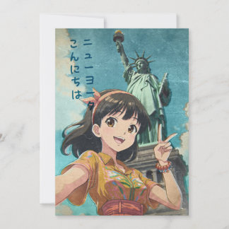 Cartão De Agradecimento Anime Girl and Statue of Liberty, New York - Retro