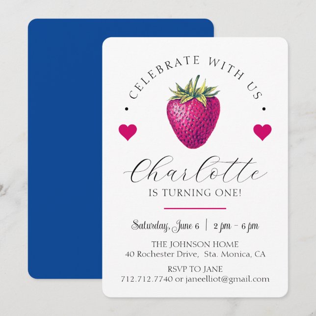 Cartão De Agradecimento Aniversariante Morangos Corações Branco (Frente/Verso)