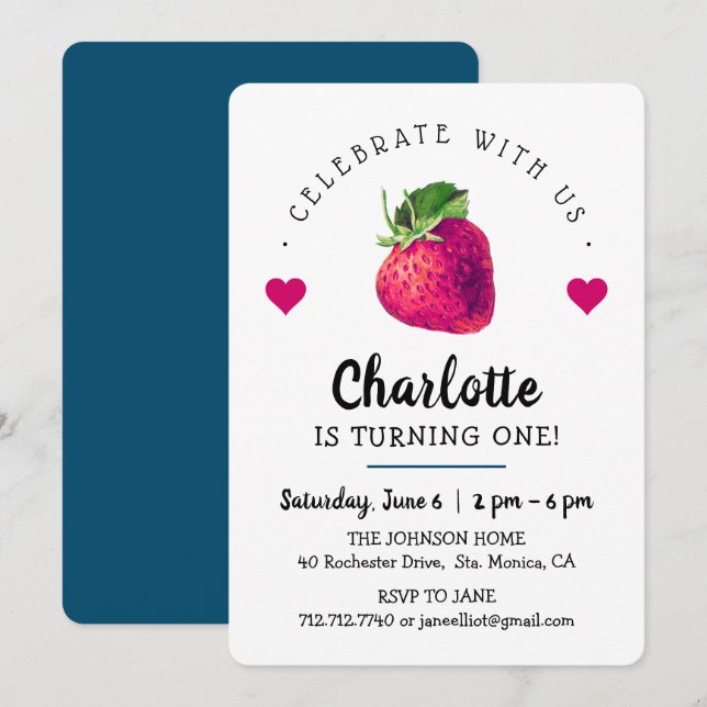 Cartão De Agradecimento Aniversariante Morangos Corações Branco (Frente/Verso)