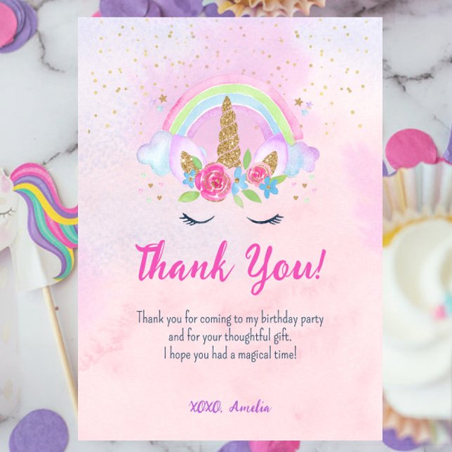 Cartão De Agradecimento Aniversário Arco-íris de Unicórnio Mágico (Pink Magical Unicorn Rainbow Birthday Thank You Card)