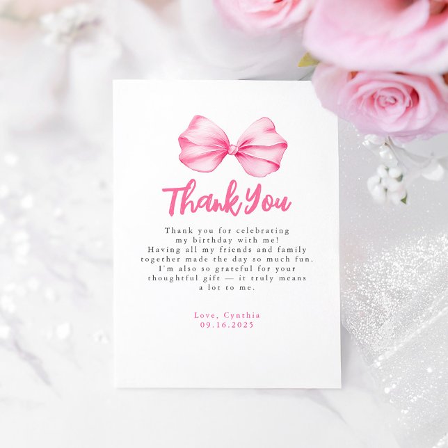 Cartão De Agradecimento Aniversário da Arco Elegante Obrigado (Pink Bow Birthday Thank You Card)
