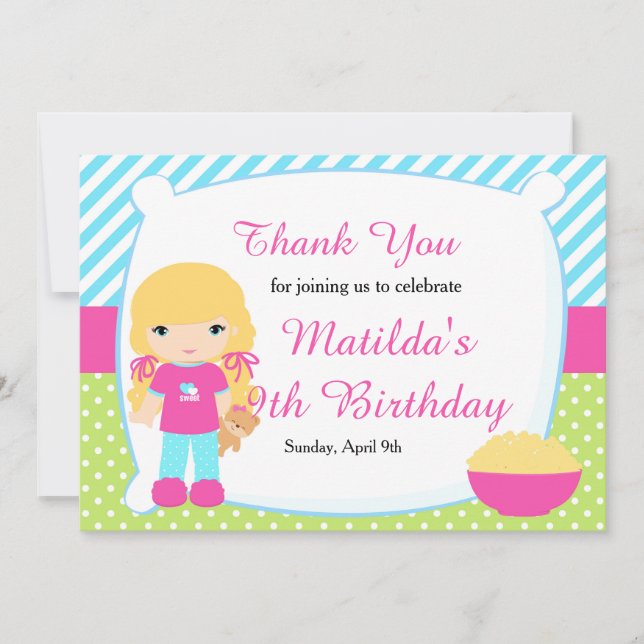 Cartão De Agradecimento Aniversário da Festa Sleepover de Menina Loira (Frente)