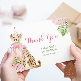 Cartão De Agradecimento Aniversário da menina da savana do leopardo rosa