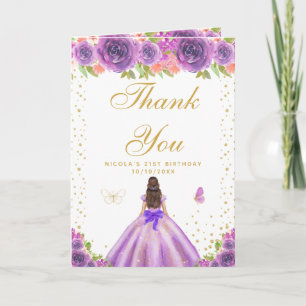Cartão De Agradecimento Aniversário da Menina de Cabelo Castanho com Flore