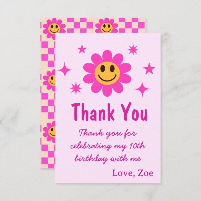 Cartão De Agradecimento Aniversário da Menina Rosa-Rosa Sorridente (Frente/Verso)