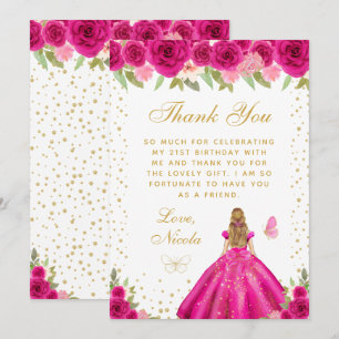 Cartão De Agradecimento Aniversário da Princesa de Cabelo Loiro Floral Ros