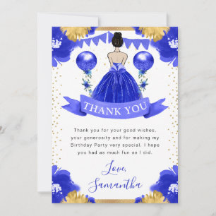 Cartão De Agradecimento Aniversário da Princesa Morena de Vestido Azul