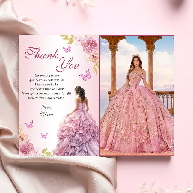 Cartão De Agradecimento Aniversário da Quinceañera Floral Rosa-Esmagadora (Criador carregado)