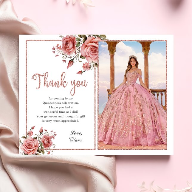 Cartão De Agradecimento Aniversário da Quinceañera Floral Rosa-Esmagadora (Criador carregado)
