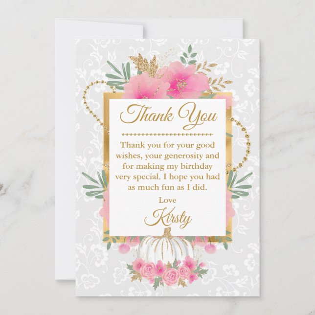 Cartão De Agradecimento Aniversário das flores de abóbora rosa-d'água (Frente)