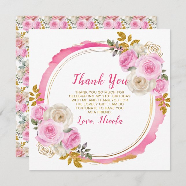 Cartão De Agradecimento Aniversário das Flores Elegantes Douradas e Rosa B (Frente/Verso)