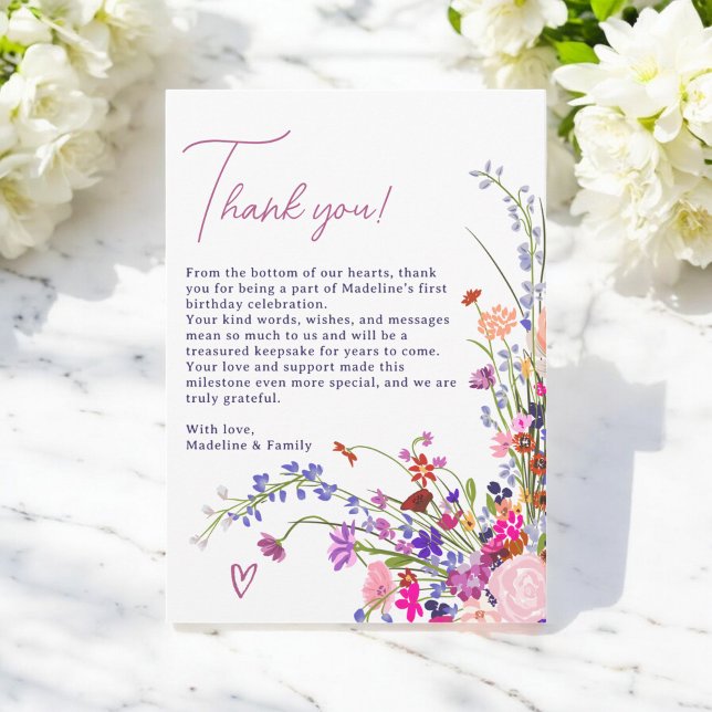 Cartão De Agradecimento Aniversário de 1 ano com flores modernas e fofas (Modern Cute Floral Wildflowers 1st birthday Thank You Card)