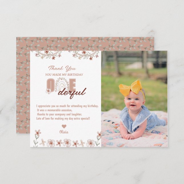 Cartão De Agradecimento Aniversário de 1 ano da Menina | Arco-íris Boho (Frente/Verso)