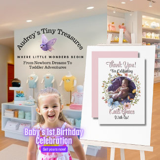 Cartão De Agradecimento Aniversário de 1 ano da Menina Primavera Borboleta