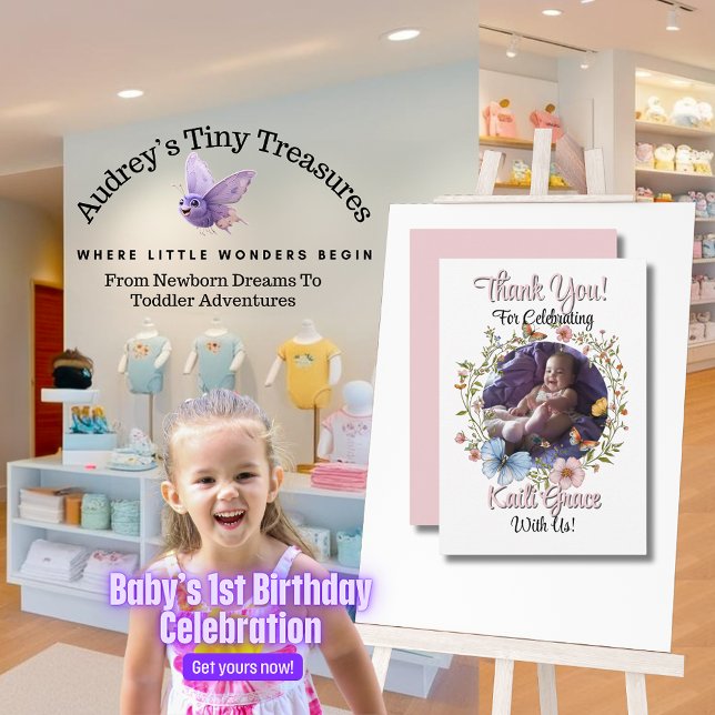 Cartão De Agradecimento Aniversário de 1 ano da Menina Primavera Borboleta (Criador carregado)