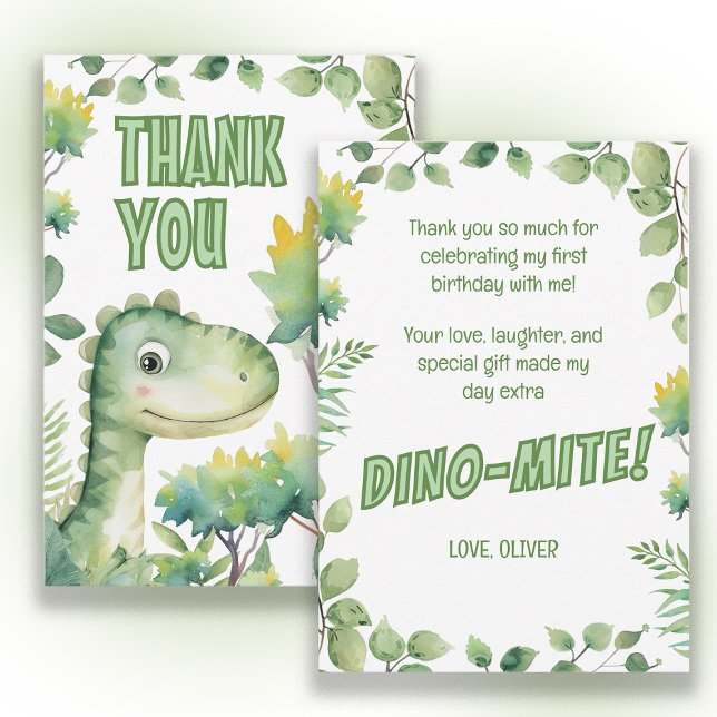 Cartão De Agradecimento Aniversário de 1 ano do Bebê Dinossauro Dino-Mite  (Cute dinosaur 1st birthday party "Thank you" card. )