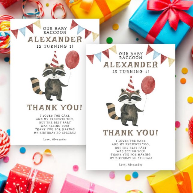 Cartão De Agradecimento Aniversário de 1 ano do Guaxinim Aquarela  (Criador carregado)