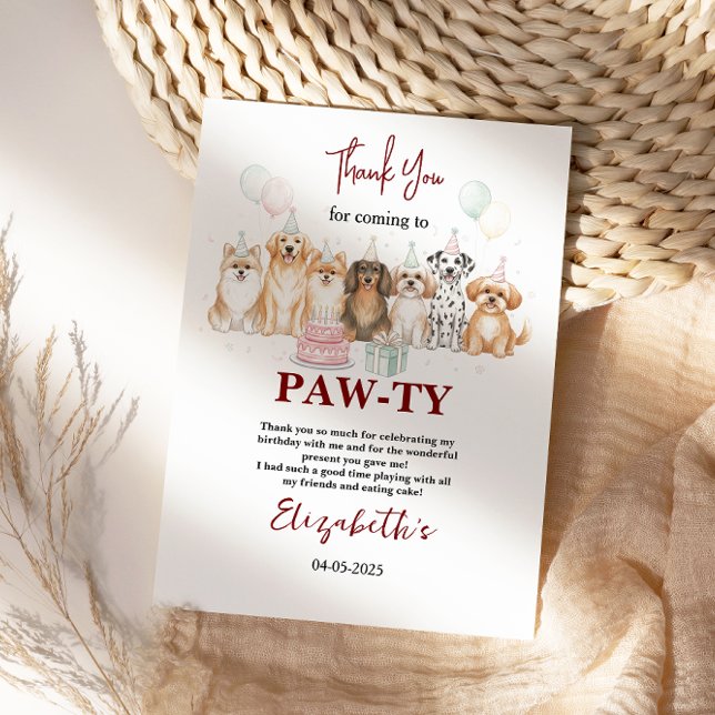 Cartão De Agradecimento Aniversário de 1 ano do Menino Cachorrinho Fofo |  (Cute Puppy Dog Boy 1st Birthday | Pawty Time First Thank You Card
)