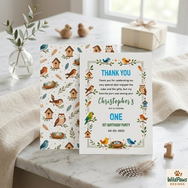 Cartão De Agradecimento Aniversário de 1 ano dos Lindos Pássaros – Festa D (Cute Birds 1st Birthday – Fun Kids Party Thank You Card
)