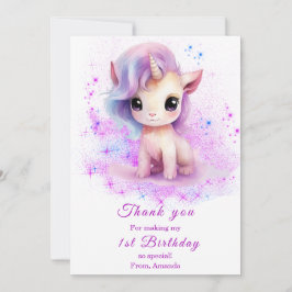 Cartão De Agradecimento Aniversário de 1 ano personalizado Unicórnio Rosa
