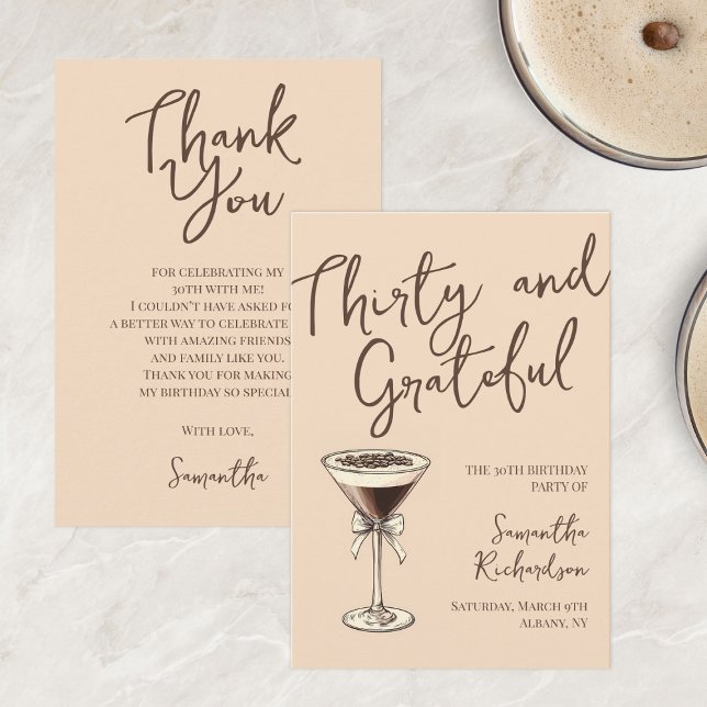 Cartão De Agradecimento Aniversário de 30 anos de Coquetel Espresso Trinta (Thirty & Grateful Espresso Cocktail 30th Birthday Thank You Card)